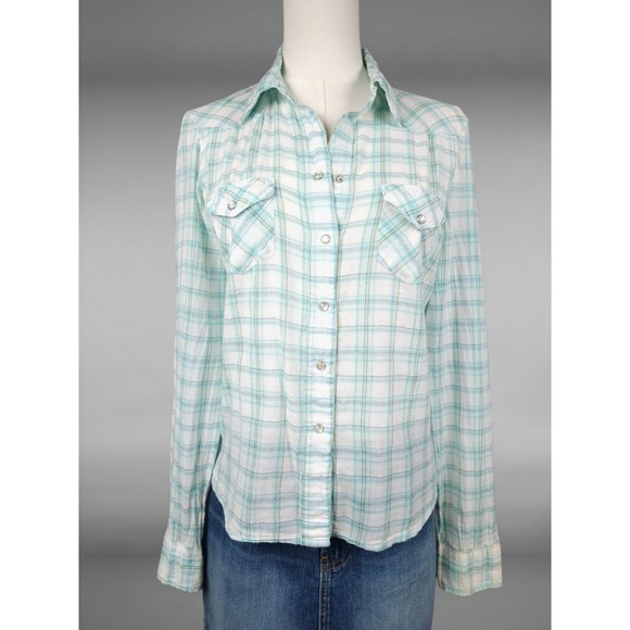 Aeropostale Tops - Vintage Y2K Aeropostale Western Pearl Snap Shimmer Plaid Shirt Teal White Medium